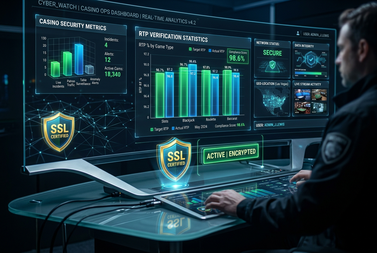 Analityczny panel audytu bezpieczeństwa kasyna z wykresami RTP i certyfikatami SSL