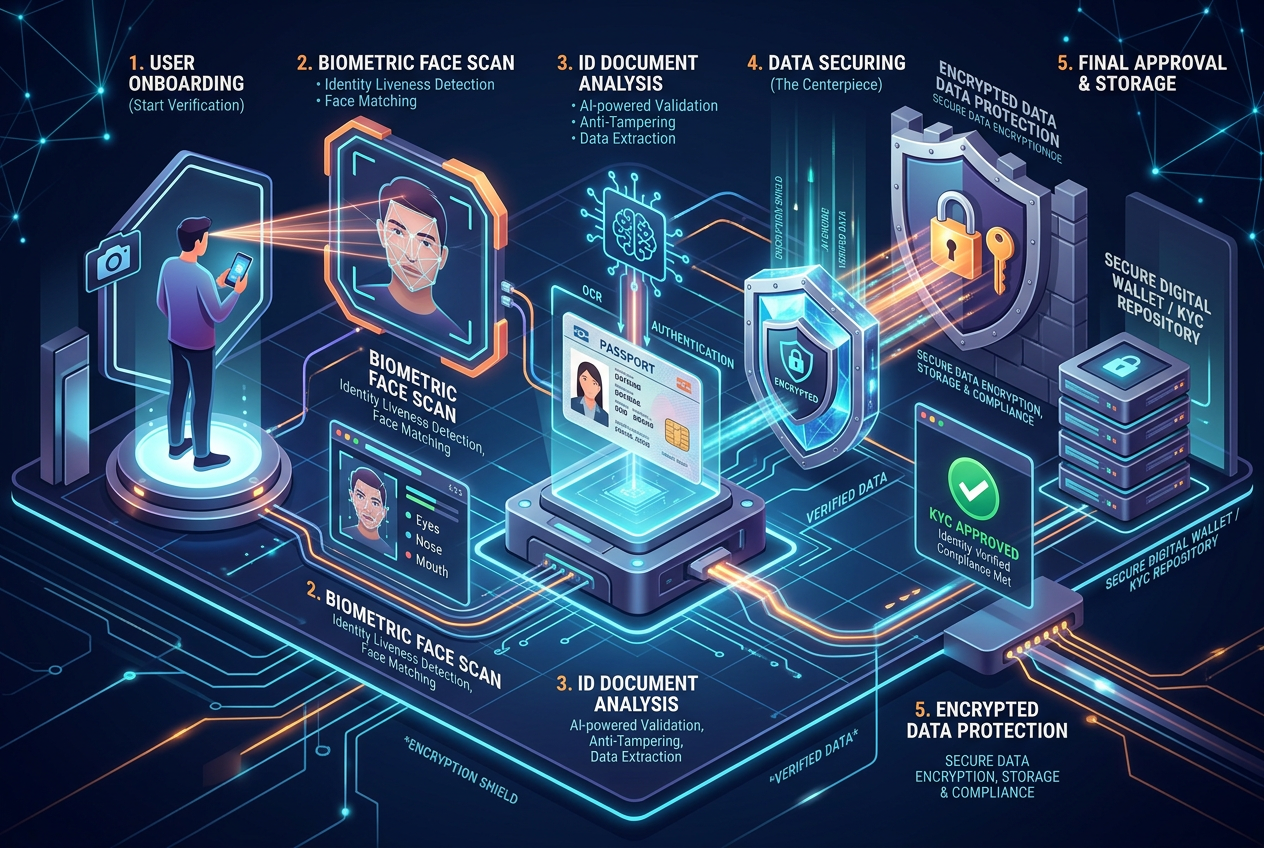 Diagram przedstawiający bezpieczny proces weryfikacji KYC i biometrycznej w kasynach online 2026